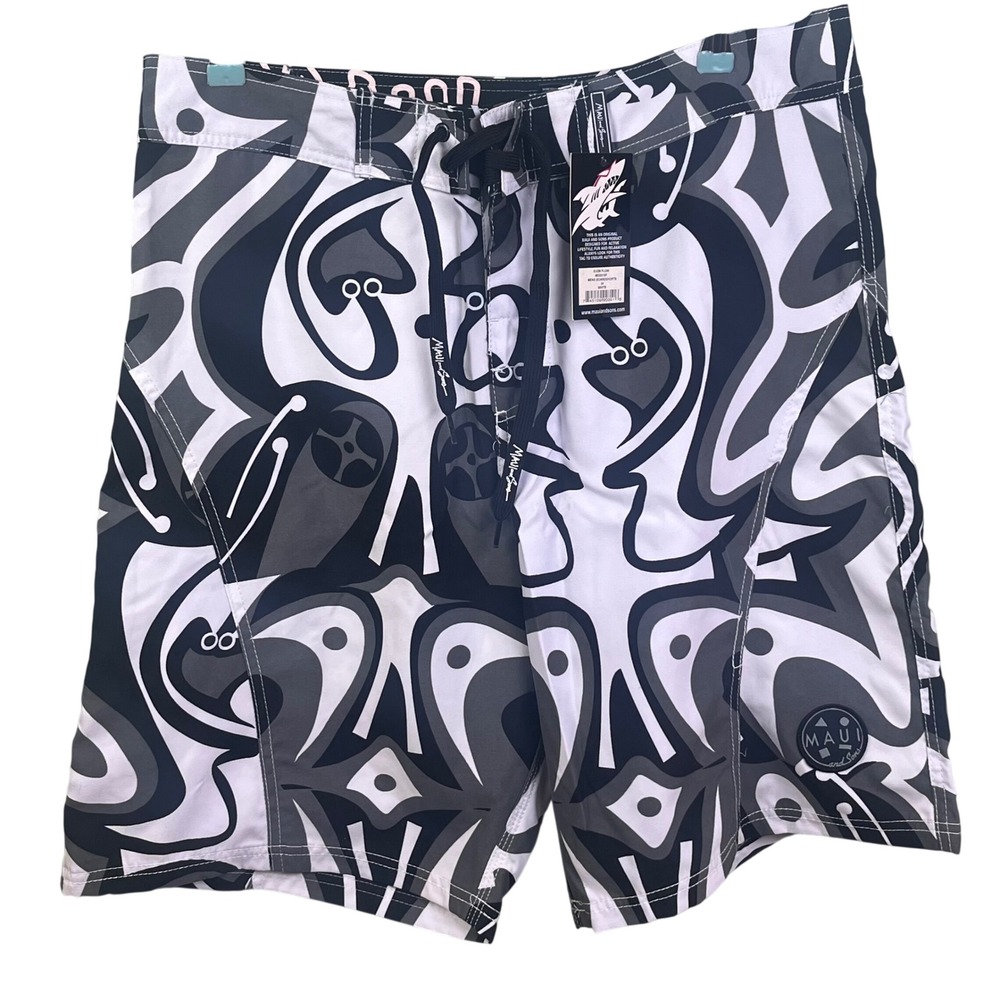Maui & Sons Black White Abstract Tribal Graphic Board Shorts Beach NWT‎ 34-36
